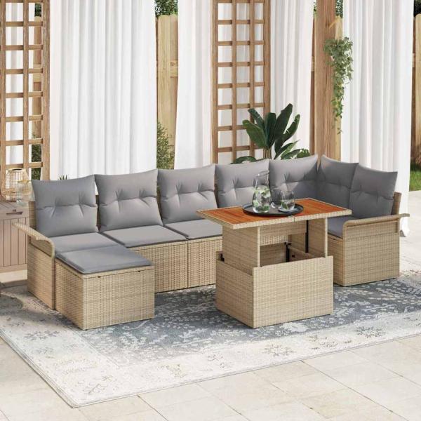 ARDEBO.de - 8-teilige Garten Essgruppe mit Kissen Beige Poly Rattan Akazie
