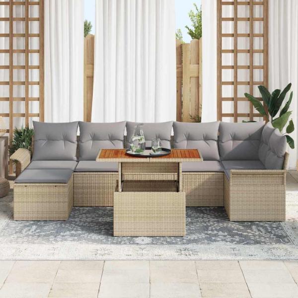 8-teilige Garten Essgruppe mit Kissen Beige Poly Rattan Akazie