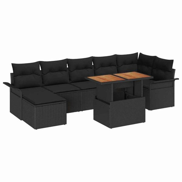 8-teiliges Garten-Ess-Set mit Kissen Schwarz Poly-Rattan Akazie