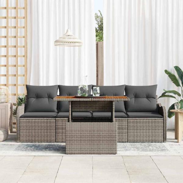 5-teiliges Garten Sofa Set mit Kissen Grau Poly Rattan Akazie, 2-Sitzer Garten Sofa mit Kissen Grau Poly Rattan