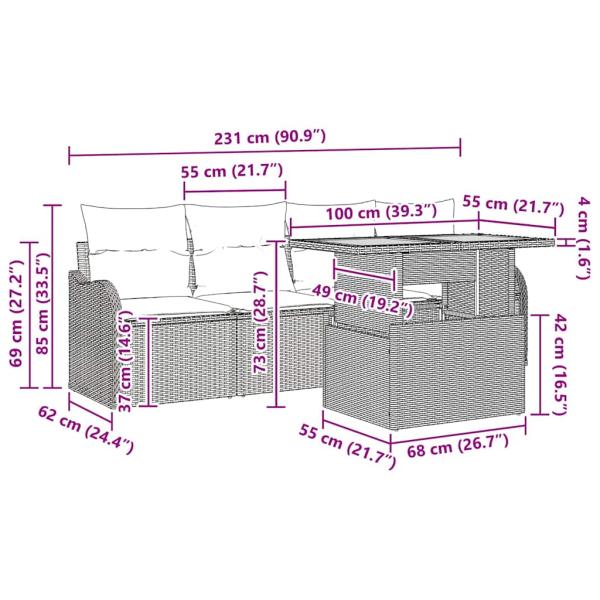 5-teiliges Garten Sofa Set mit Kissen Grau Poly Rattan Akazie, 2-Sitzer Garten Sofa mit Kissen Grau Poly Rattan