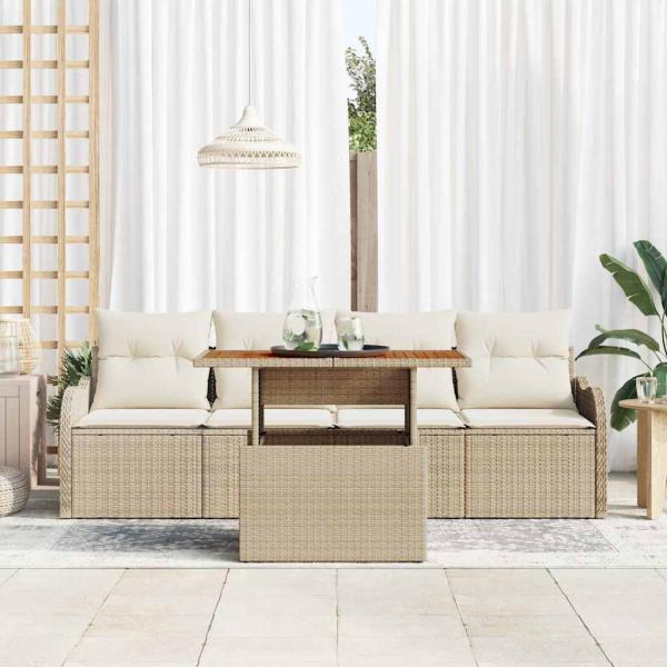 5-teiliges Garten Sofa Set mit Kissen Beige Poly Rattan Akazie, 2-Sitzer Garten Sofa mit Kissen Beige Poly Rattan
