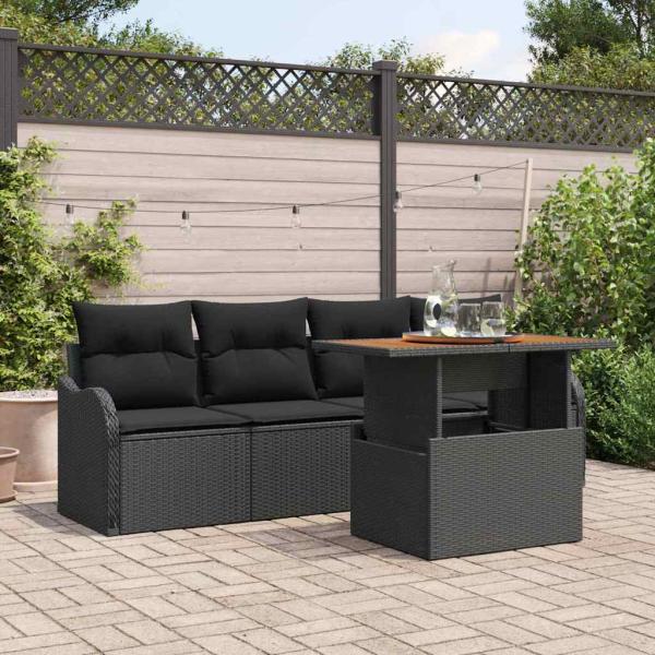 ARDEBO.de - 5-teilige Garten Sofa Set mit Kissen Schwarz Poly Rattan Akazie, 2-Sitzer Garten Sofa mit Kissen Schwarz Poly Rattan