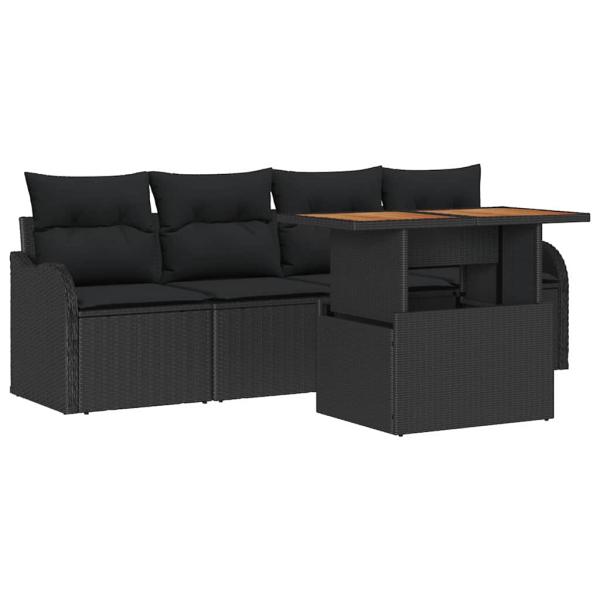 5-teilige Garten Sofa Set mit Kissen Schwarz Poly Rattan Akazie, 2-Sitzer Garten Sofa mit Kissen Schwarz Poly Rattan