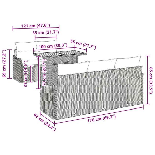 6-teiliges Garten Sofa Set mit Kissen Grau Poly Rattan Akazie, 2-Sitzer Garten Sofa mit Kissen Grau Poly Rattan