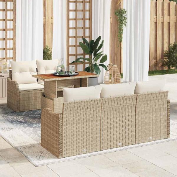ARDEBO.de - 6-teiliges Garten Sofa Set mit Kissen Beige Poly Rattan Akazie, 2-Sitzer Garten Sofa mit Kissen Beige Poly Rattan