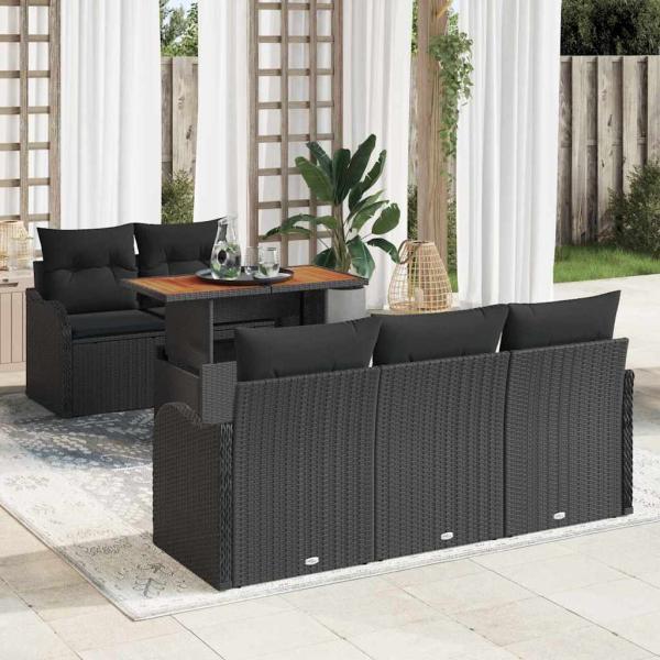 ARDEBO.de - 6-teiliges Garten-Sofaset mit Kissen Schwarz Poly-Rattan Akazie, 2-Sitzer Garten-Sofa mit Kissen Schwarz Poly-Rattan