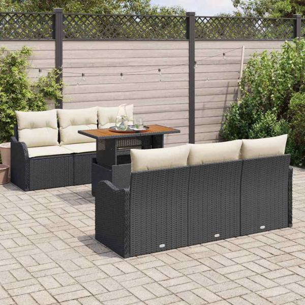 7-teiliges Garten-Sofaset mit Kissen Schwarz Poly Rattan Akazie, 2-Sitzer Garten-Sofa mit Kissen Schwarz Poly Rattan