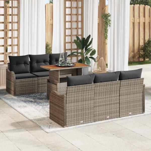 ARDEBO.de - 7-teiliges Garten Sofa Set mit Kissen Grau Poly Rattan Akazie, 2-Sitzer Garten Sofa mit Kissen Grau Poly Rattan