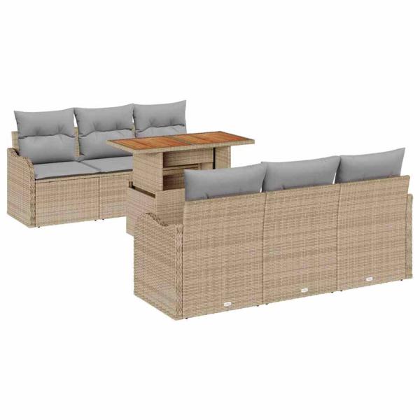7-teiliges Garten Sofa Set mit Kissen, beiges Poly Rattan Akazie, 2-Sitzer Garten Sofa mit Kissen, beige Poly Rattan