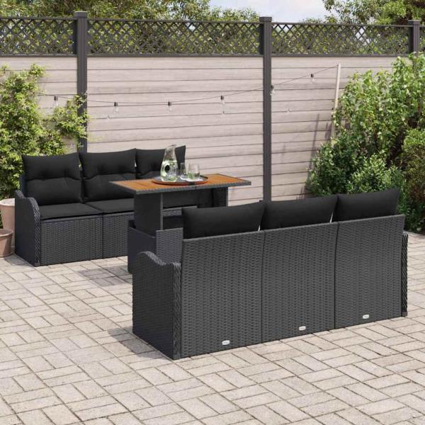 7-teiliges Garten Sofa Set mit Kissen Schwarz Poly Rattan Akazie, 2-Sitzer Garten Sofa mit Kissen Schwarz Poly Rattan