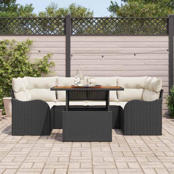 7-teiliges Garten Sofa Set mit Kissen Schwarz Poly Rattan Akazie, 2-Sitzer Garten Sofa mit Kissen Schwarz Poly Rattan