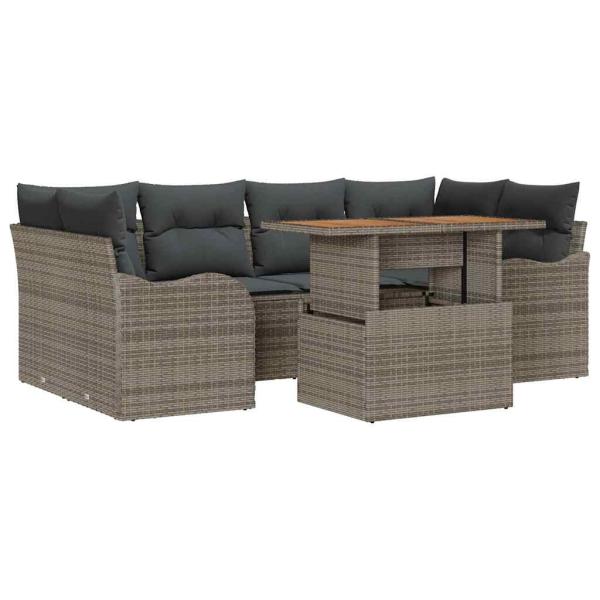 7-teiliges Garten Sofa Set mit Kissen Grau Poly Rattan Akazie, 2-Sitzer Garten Sofa mit Kissen Grau Poly Rattan