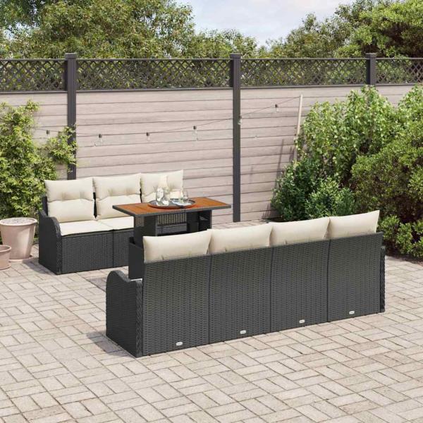 8-teiliges Garten Sofa Set mit Kissen Schwarz Poly Rattan Akazie, 2-Sitzer Garten Sofa mit Kissen Schwarz Poly Rattan