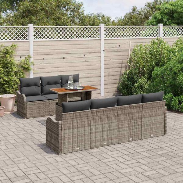 8-teiliges Garten Sofa Set mit Kissen Grau Poly Rattan Akazie, 2-Sitzer Garten Sofa mit Kissen Grau Poly Rattan