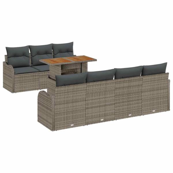 8-teiliges Garten Sofa Set mit Kissen Grau Poly Rattan Akazie, 2-Sitzer Garten Sofa mit Kissen Grau Poly Rattan