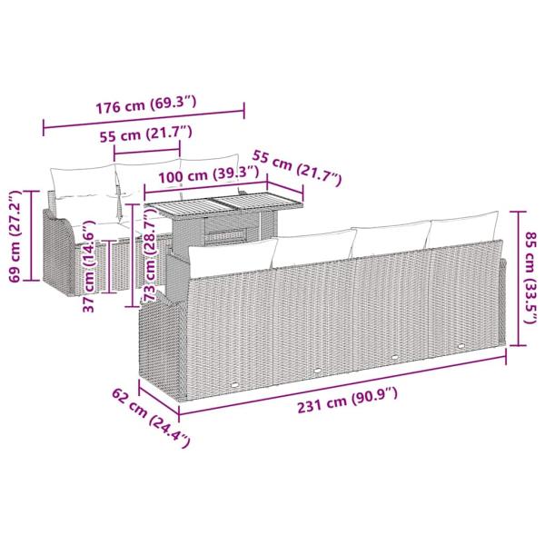 8-Teiliges Garten Sofa Set mit Kissen Beige Poly Rattan Akazie, 2-Sitzer Garten Sofa mit Kissen Beige Poly Rattan