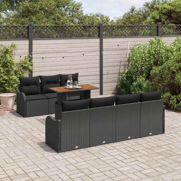 8-teiliges Garten Sofa Set mit Kissen Schwarz Poly Rattan Akazie, 2-Sitzer Garten Sofa mit Kissen Schwarz Poly Rattan