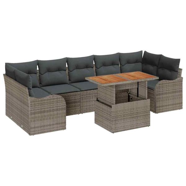 8-teiliges Garten Sofaset mit Kissen grau Poly Rattan Akazie, 2-Sitzer Garten Sofa mit Kissen graue Poly Rattan