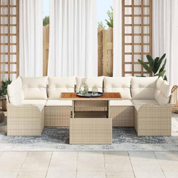 8-teiliges Garten Sofa Set mit Kissen Beige Poly Rattan Akazie, 2-Sitzer Garten Sofa mit Kissen Beige Poly Rattan
