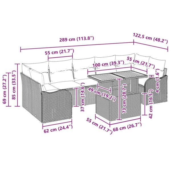 8-teiliges Garten Sofa Set mit Kissen aus schwarzem Poly-Rattan Akazie, 2-Sitzer Garten Sofa mit Kissen aus schwarzem Poly-Rattan