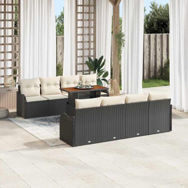 ARDEBO.de - 9-teiliges Garten Sofa Set mit Kissen Schwarz Poly Rattan Akazie, 2-Sitzer Garten Sofa mit Kissen Schwarz Poly Rattan