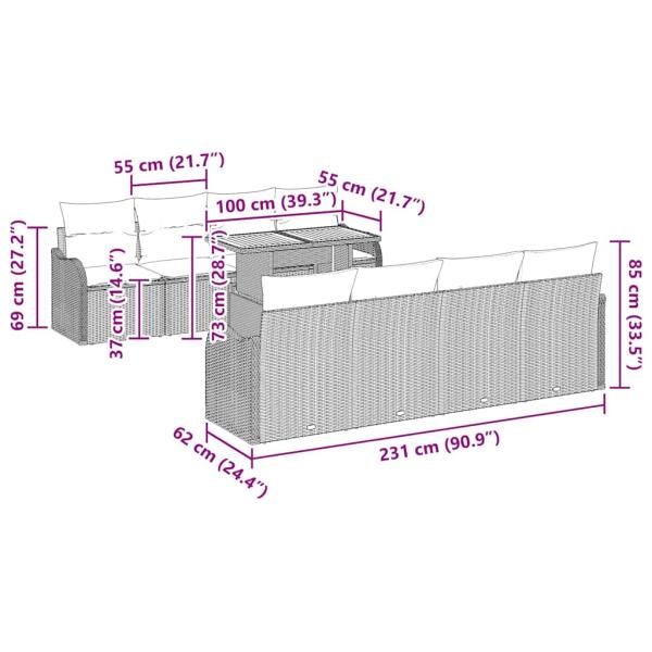 9-teiliges Garten-Sofaset mit Kissen Beige Poly-Rattan Akazie, 2-Sitzer Garten-Sofa mit Kissen Beige Poly-Rattan
