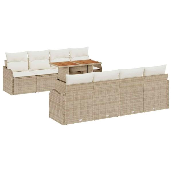 9-teiliges Garten Sofa Set mit Kissen Beige Poly Rattan Akazie, 2-Sitzer Garten Sofa mit Kissen Beige Poly Rattan