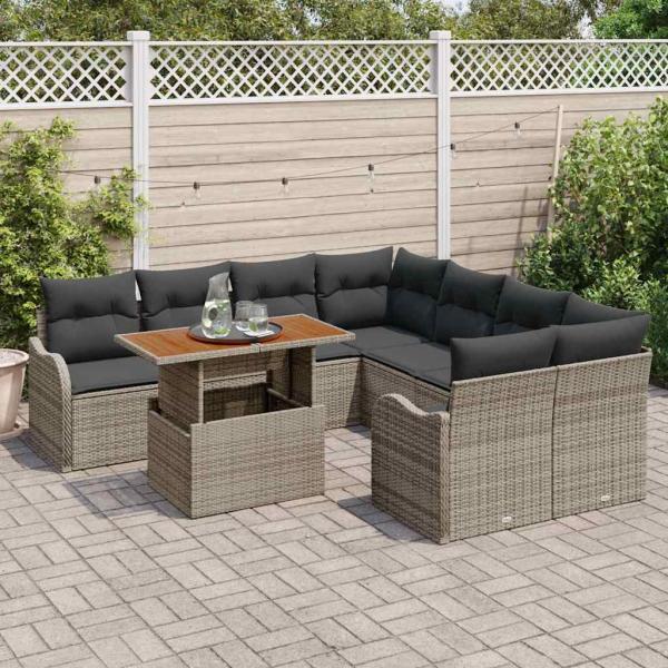 9-teiliges Garten-Sofa-Set mit Kissen Grau Poly Rattan Akazie, 2-Sitzer Garten-Sofa mit Kissen Grau Poly Rattan