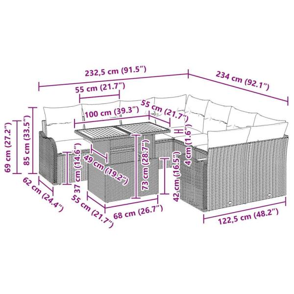 9-teiliges Garten-Sofa-Set mit Kissen Grau Poly Rattan Akazie, 2-Sitzer Garten-Sofa mit Kissen Grau Poly Rattan