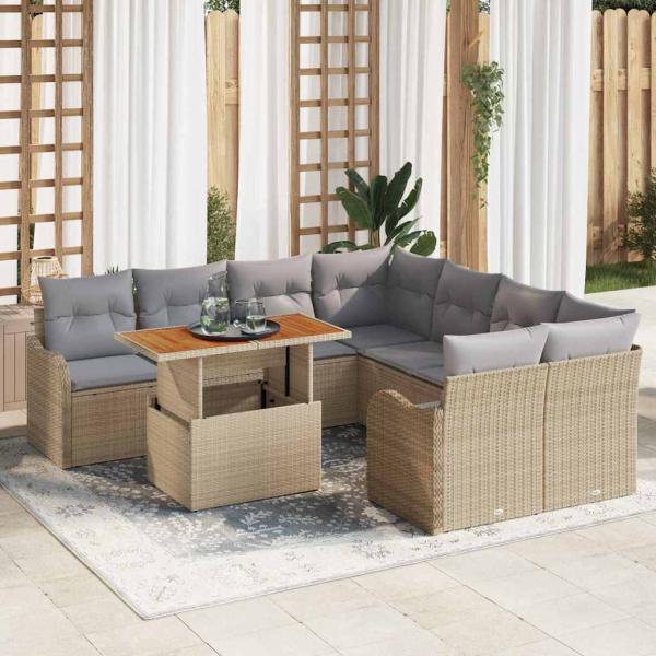 ARDEBO.de - 9-teilige Garten-Sofa Set mit Kissen Beige Poly Rattan Akazie, 2-Sitzer Garten-Sofa mit Kissen Beige Poly Rattan