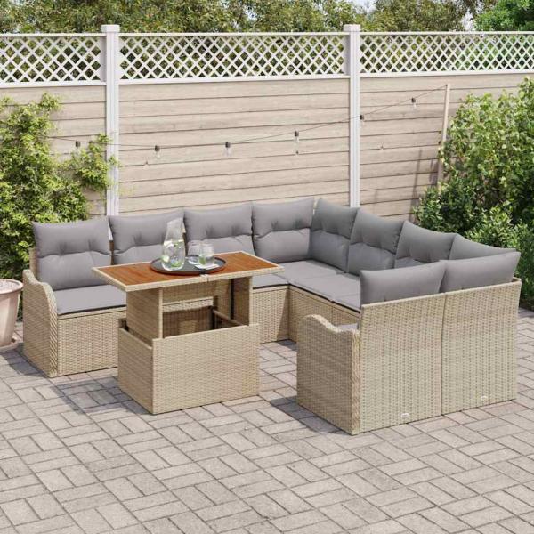 9-teilige Garten-Sofa Set mit Kissen Beige Poly Rattan Akazie, 2-Sitzer Garten-Sofa mit Kissen Beige Poly Rattan