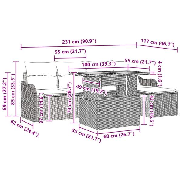 6-teiliges Garten-Sofa-Set mit Kissen Grau Poly Rattan Akazie, 2-Sitzer Garten-Sofa mit Kissen Grau Poly Rattan