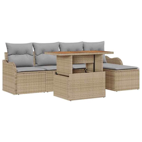6-teiliges Garten Sofa Set mit Kissen Beige Poly Rattan Akazie, 2-Sitzer Garten Sofa mit Kissen Beige Poly Rattan