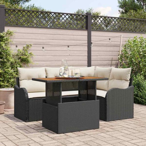 ARDEBO.de - 5-teiliges Garten-Sofa-Set mit Kissen Schwarz Poly-Rattan Akazie, 2-Sitzer Garten-Sofa mit Kissen Schwarz Poly-Rattan