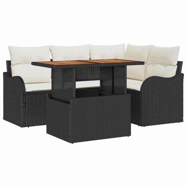 5-teiliges Garten-Sofa-Set mit Kissen Schwarz Poly-Rattan Akazie, 2-Sitzer Garten-Sofa mit Kissen Schwarz Poly-Rattan