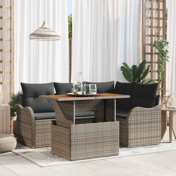 ARDEBO.de - 5-teiliges Garten Sofa Set mit Kissen Grau Poly Rattan Akazie, 2-Sitzer Garten Sofa mit Kissen Grau Poly Rattan