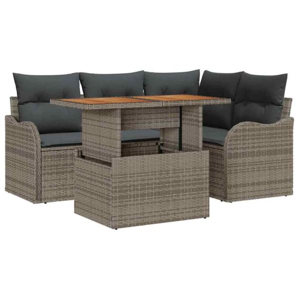 5-teiliges Garten Sofa Set mit Kissen Grau Poly Rattan Akazie, 2-Sitzer Garten Sofa mit Kissen Grau Poly Rattan