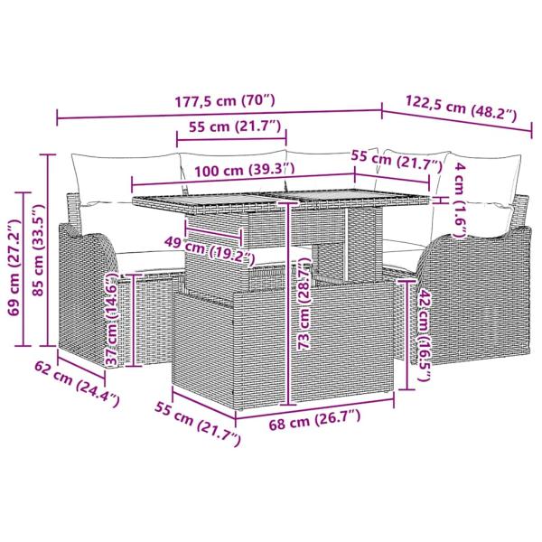 5-teiliges Garten Sofa Set mit Kissen Grau Poly Rattan Akazie, 2-Sitzer Garten Sofa mit Kissen Grau Poly Rattan