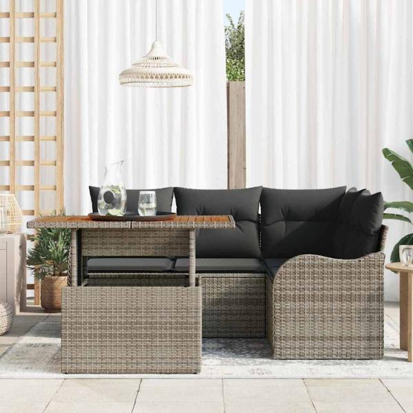 5-teiliges Garten Sofa Set mit Kissen Grau Poly Rattan Akazie, 2-Sitzer Garten Sofa mit Kissen Grau Poly Rattan