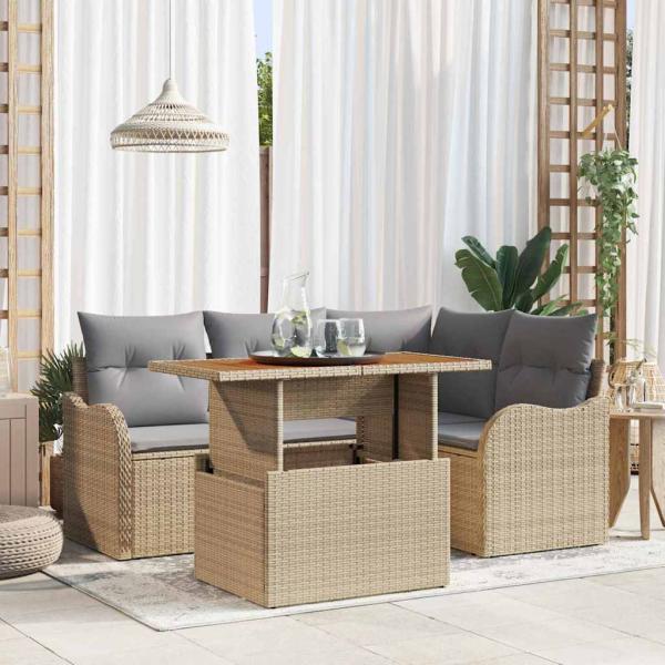 ARDEBO.de - 5-teiliges Garten Sofa Set mit Kissen Beige Poly Rattan Akazie, 2-Sitzer Garten Sofa mit Kissen Beige Poly Rattan