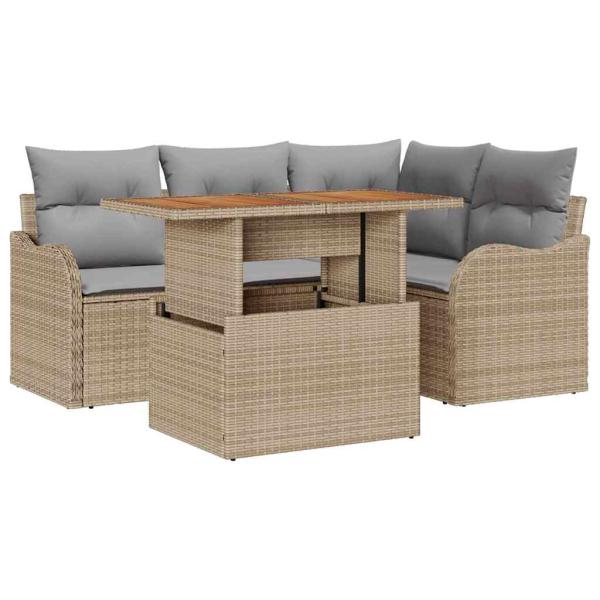 5-teiliges Garten Sofa Set mit Kissen Beige Poly Rattan Akazie, 2-Sitzer Garten Sofa mit Kissen Beige Poly Rattan