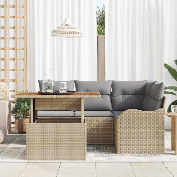 5-teiliges Garten Sofa Set mit Kissen Beige Poly Rattan Akazie, 2-Sitzer Garten Sofa mit Kissen Beige Poly Rattan