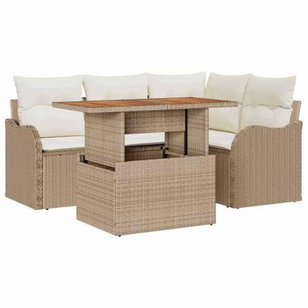 5-teiliges Garten Sofa Set mit Kissen Beige Poly Rattan Akazie, 2-Sitzer Garten Sofa mit Kissen Beige Poly Rattan