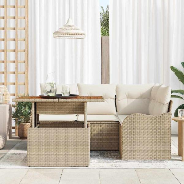 5-teiliges Garten Sofa Set mit Kissen Beige Poly Rattan Akazie, 2-Sitzer Garten Sofa mit Kissen Beige Poly Rattan