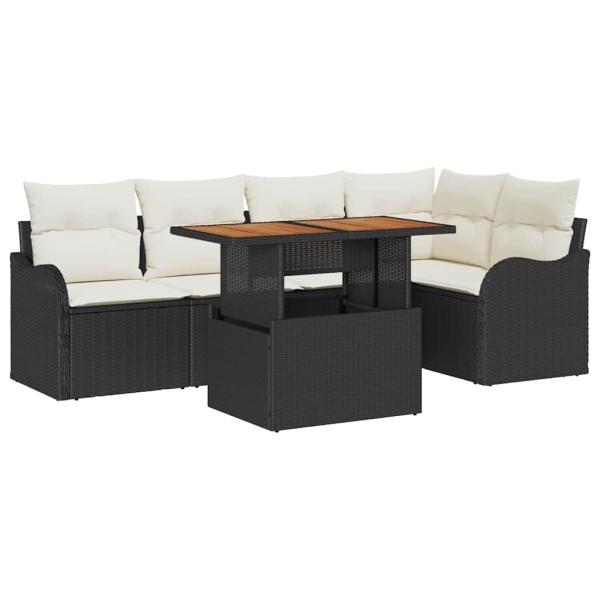 6-teiliges Garten-Sofa-Set mit Kissen Schwarz Poly-Rattan Akazie, 2-Sitzer Garten-Sofa mit Kissen Schwarz Poly-Rattan