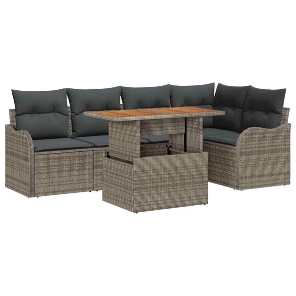 6-teiliges Garten Sofa Set mit Kissen in Grau aus Poly Rattan, 2-Sitzer Garten Sofa mit Kissen in Grau aus Poly Rattan