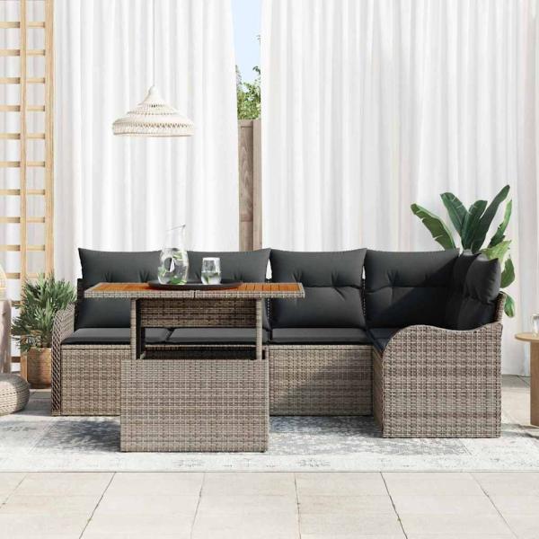 6-teiliges Garten Sofa Set mit Kissen in Grau aus Poly Rattan, 2-Sitzer Garten Sofa mit Kissen in Grau aus Poly Rattan
