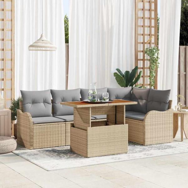 ARDEBO.de - 6-teiliges Garten Sofaset mit Kissen Beige Poly Rattan Akazie, 2-Sitzer Garten Sofa mit Kissen Beige Poly Rattan