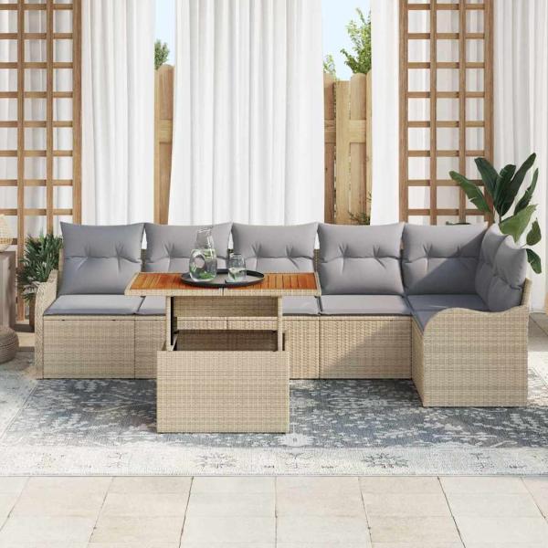7-teiliges Garten Sofa Set mit Kissen Beige Poly Rattan Akazie, 2-Sitzer Garten Sofa mit Kissen Beige Poly Rattan